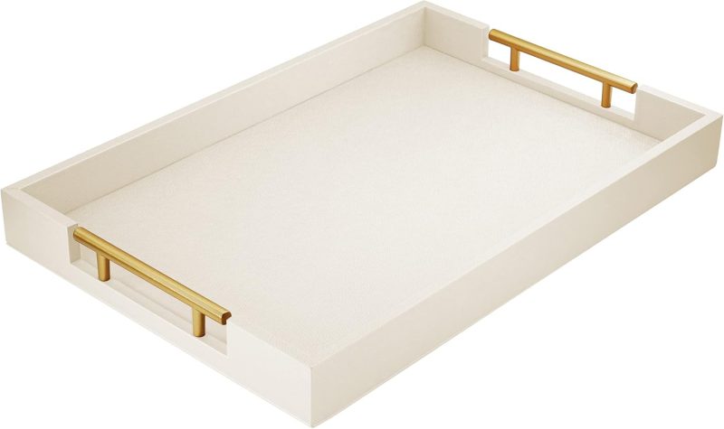 Wood Serving Tray with Gold Polished Metal Handles