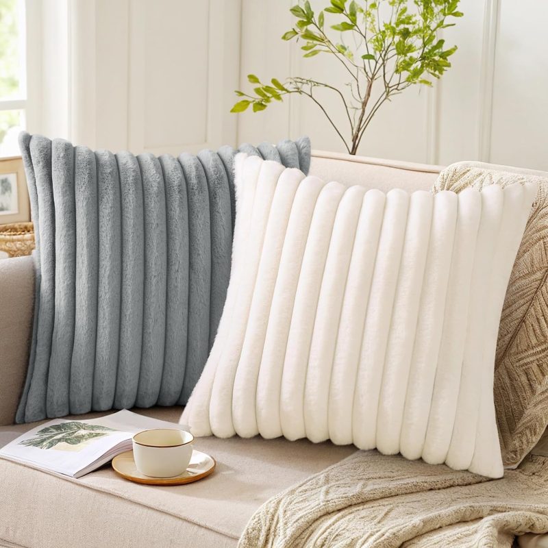Set of 2, Luxury Soft Fluffy Striped Decorative Pillows - Image 2