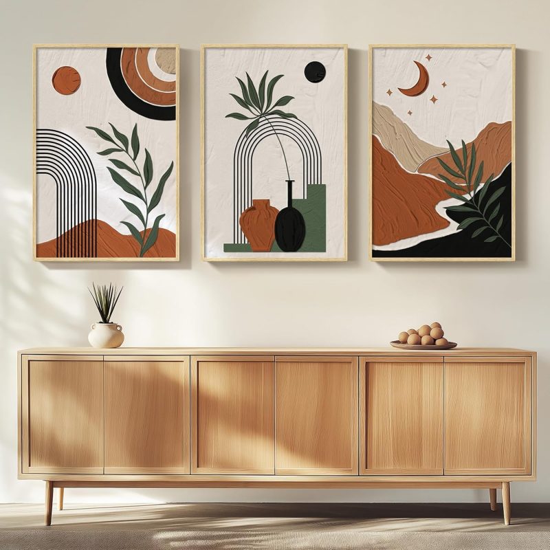 Framed Boho Canvas Wall Art Set of 3 Abstract Geometric Art Prints